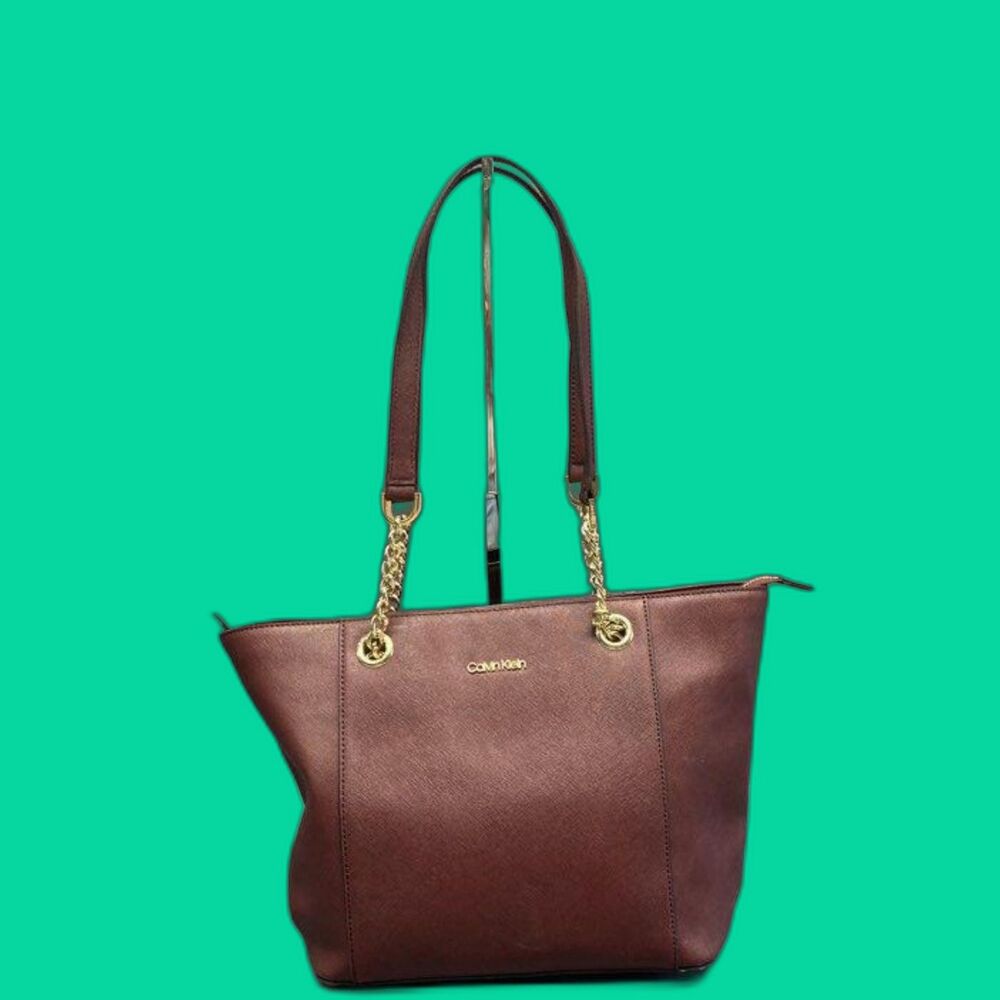 Calvin Klein Burgundy Saffiano Leather Top Zip Bag with Synthetic Trim